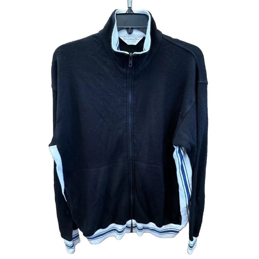 Christian Dior Monsieur Fleece Track Jacket L Full Zip Pockets Black Vntg